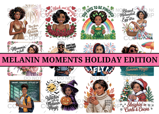 Melanin Moments Holiday Sticker Bundle – 12 Digital PNG Designs Featuring Black Characters + Commercial License